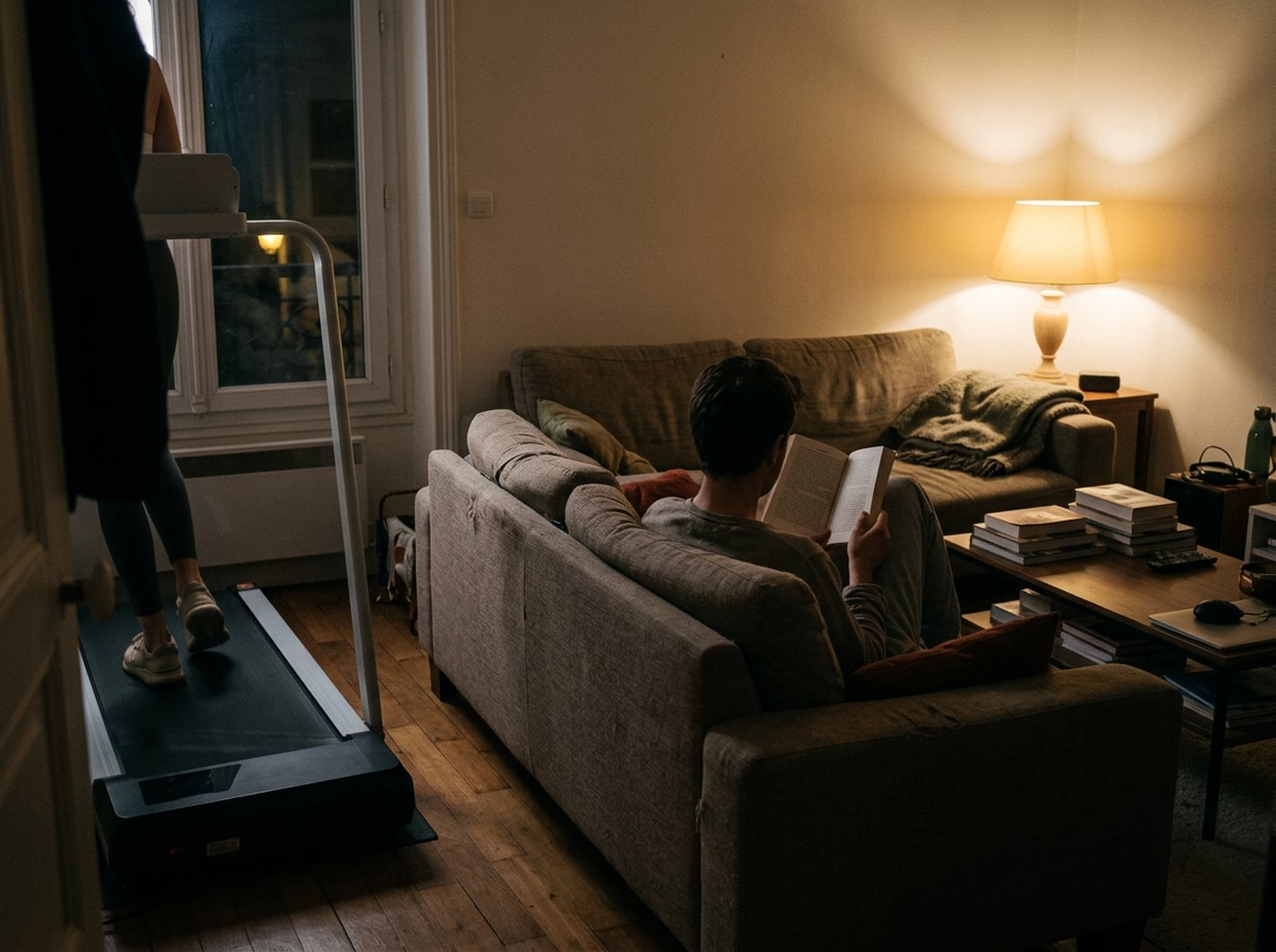 Klivo-Walking-Pad im Betrieb in einem Wohnzimmer am Abend, daneben liest jemand auf dem Sofa