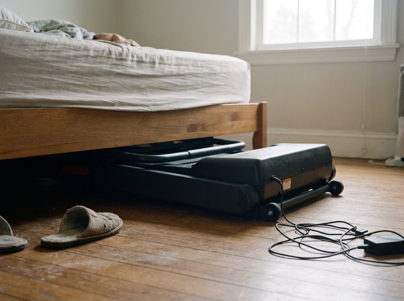 Zusammengeklapptes Klivo-Laufband, unter ein Bett im Schlafzimmer geschoben