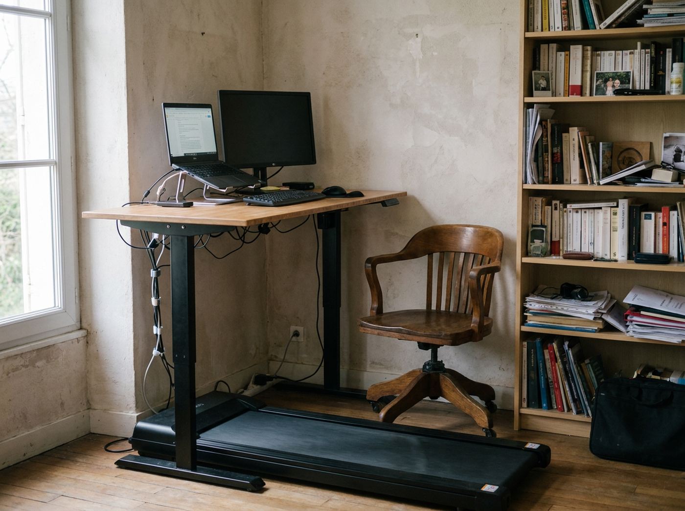Klivo-Walking-Pad unter einem höhenverstellbaren Schreibtisch im Homeoffice